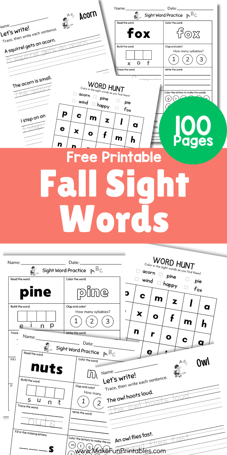 Fall-themed sight word worksheets to help kids practice reading, writing, and recognizing high-frequency words.