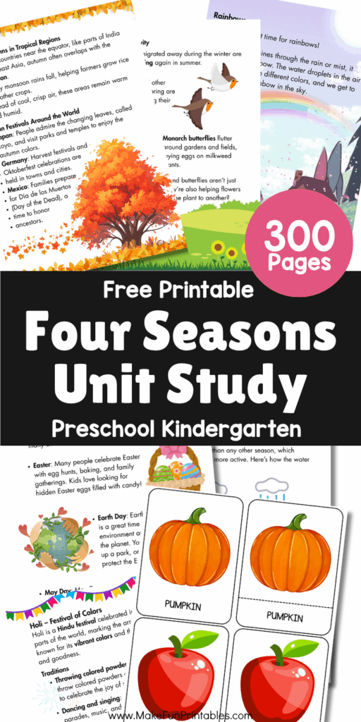 Seasonal learning worksheets showing weather, nature changes, clothing, and activities for each of the four seasons.