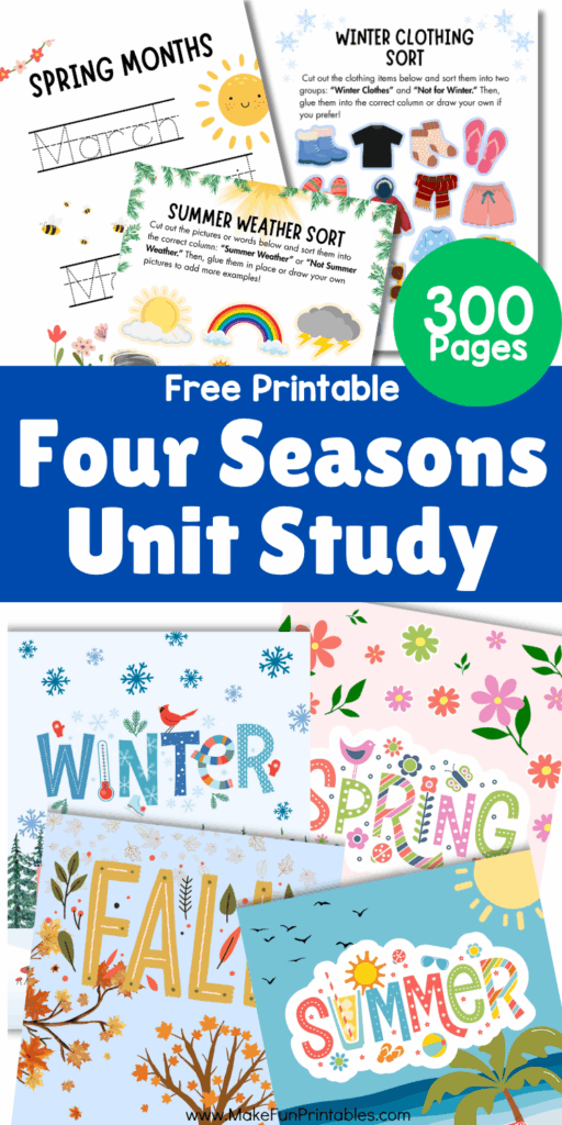 Four Seasons Printable Pack for preschool and kindergarten with colorful charts, activities, and quizzes about spring, summer, fall, and winter.