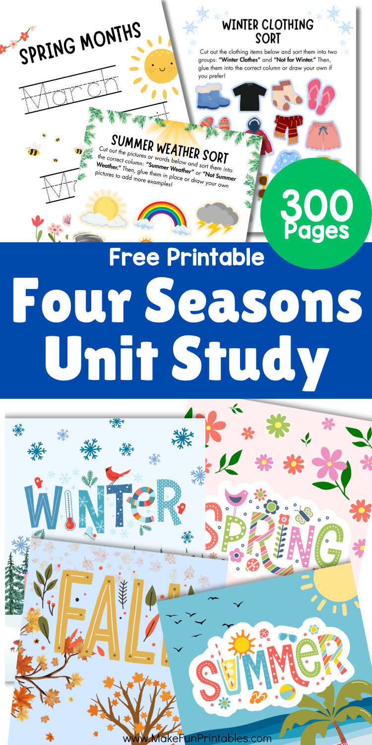 Four Seasons Printable Pack for preschool and kindergarten with colorful charts, activities, and quizzes about spring, summer, fall, and winter.
