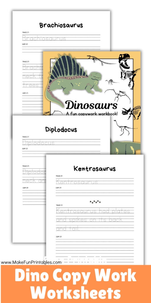 Kindergarten student practicing handwriting by copying short dinosaur-themed sentences on a worksheet.