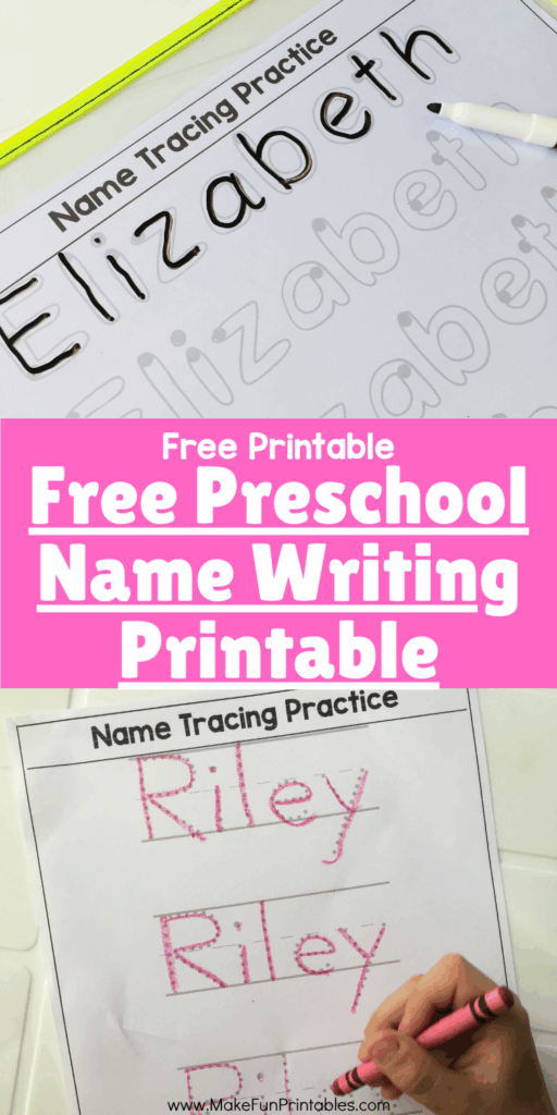 Child practicing handwriting with a free printable name tracing worksheet for preschool and kindergarten.