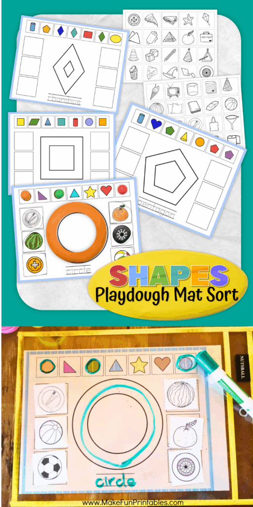 Shapes Playdough Mat Sort printable for preschool and kindergarten to practice shape recognition and fine motor skills.