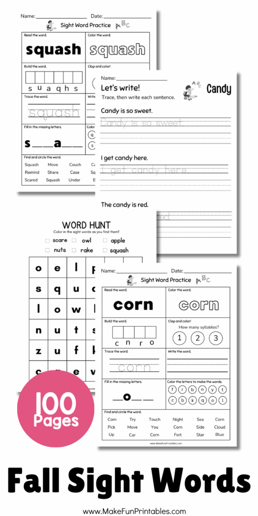 Free fall sight words printable worksheets for preschool and kindergarten with tracing and coloring activities.