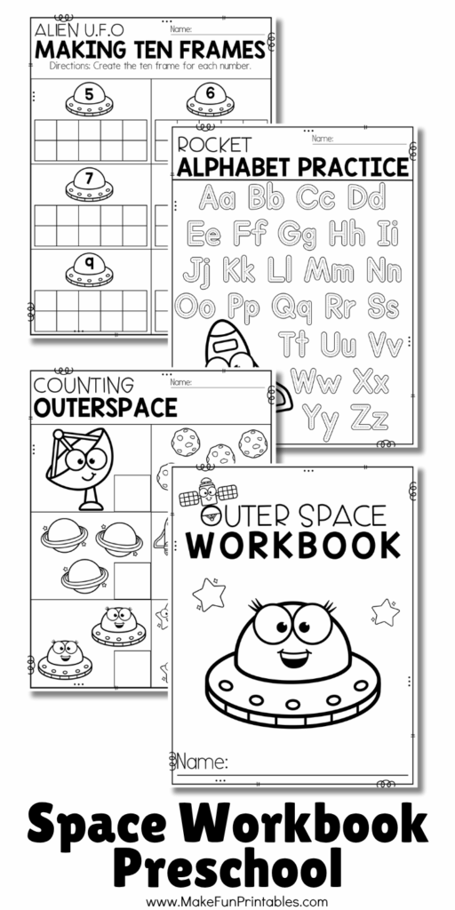 Space worksheets for kids featuring rockets, planets, and astronauts to build early math and literacy skills.