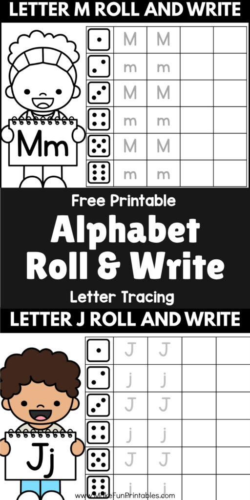 Printable alphabet worksheet with colorful dice and writing practice sections