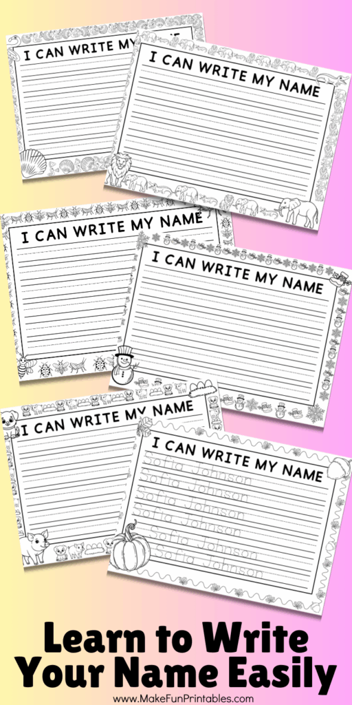 Editable name tracing worksheet with fall theme for preschool handwriting practice.