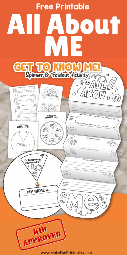 Printable All About Me worksheets with fold-out pages and a spinner for back-to-school introductions and classroom icebreakers.