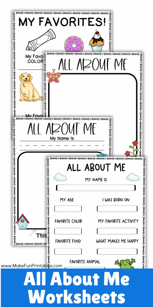 Free All About Me printable worksheets for preschool and kindergarten with tracing, writing, and drawing activities.