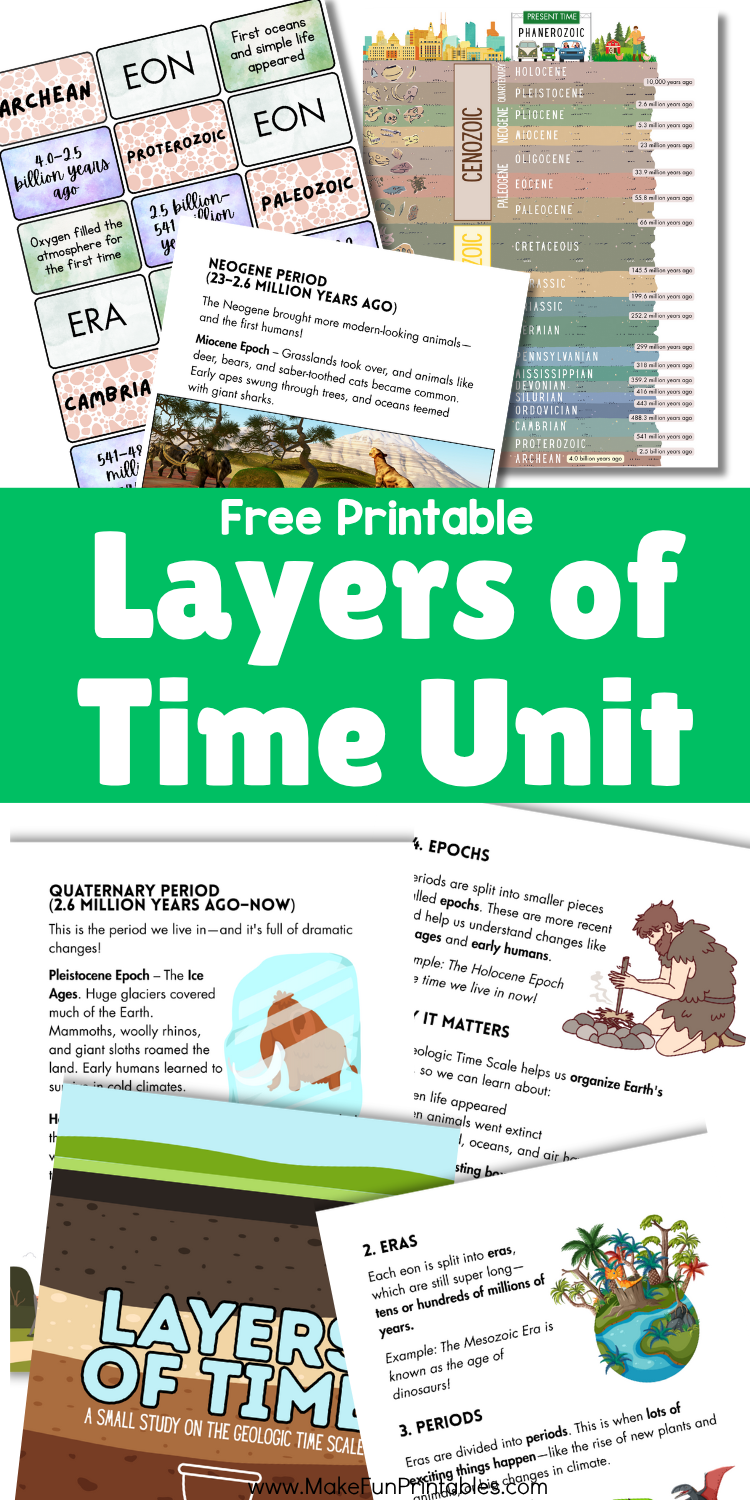 Geologic time scale activities for elementary students with info sheets, quiz, and card matching game.