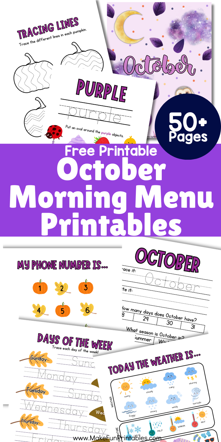 October Morning Menu printables for preschool with calendar, weather, and daily tracing worksheets for a simple fall routine.