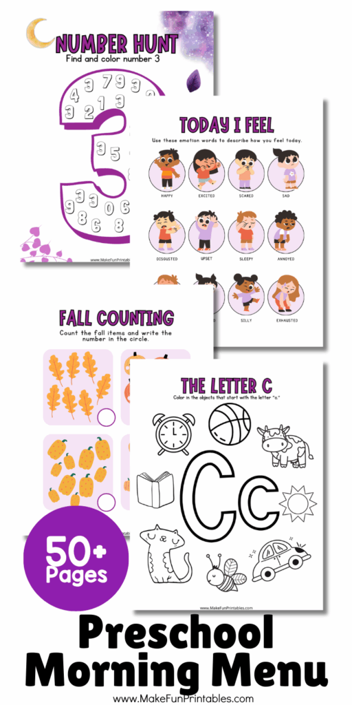 Printable October Morning Menu pack with fun fall themes like pumpkins and leaves, plus tracing, coloring, and daily learning pages.