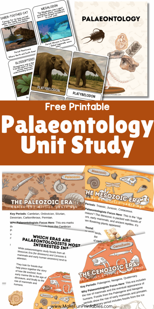 Free palaeontology unit study printable pack with fossil worksheets, science vocabulary, and hands-on activities for kids.