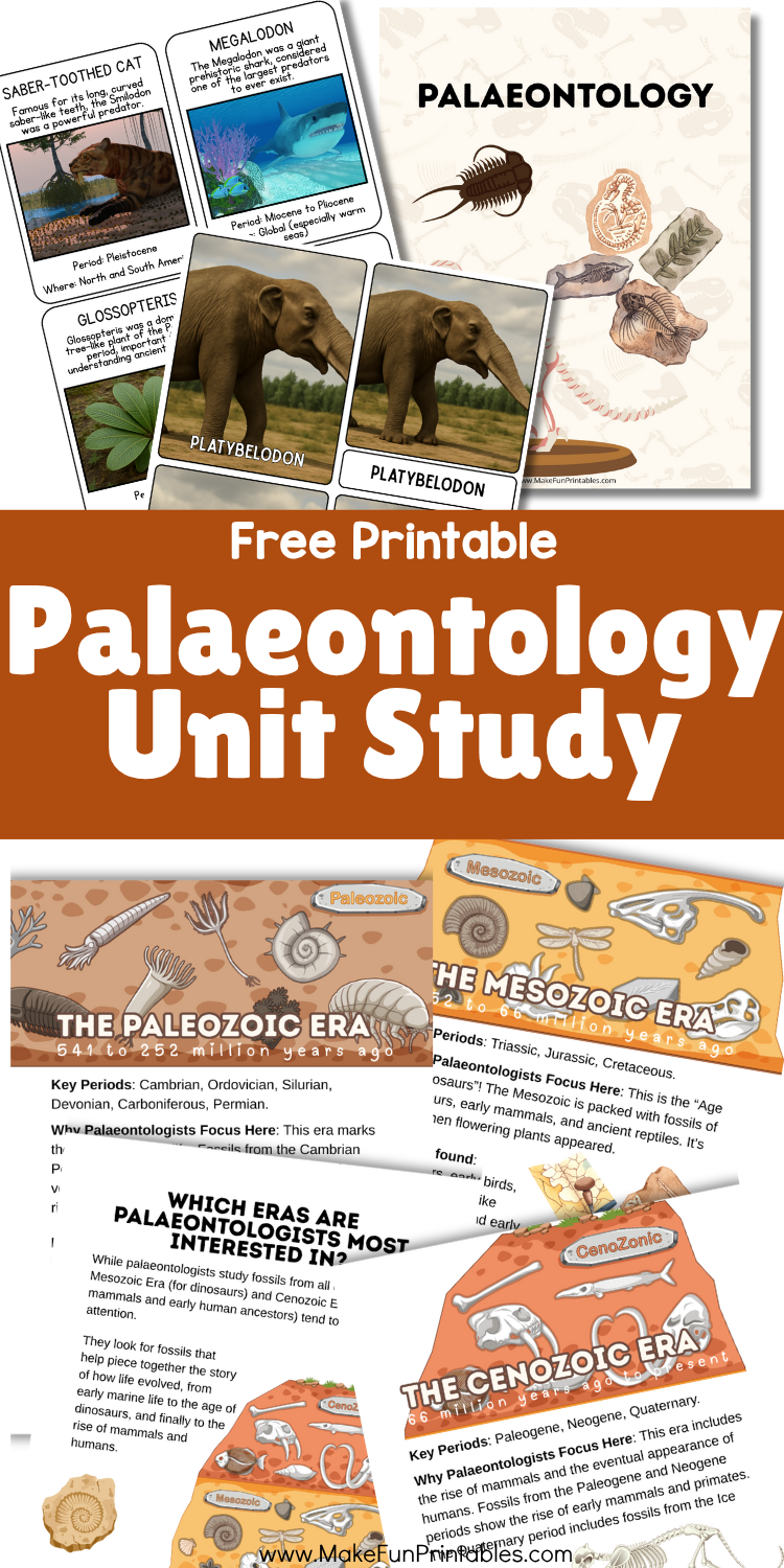Free palaeontology unit study printable pack with fossil worksheets, science vocabulary, and hands-on activities for kids.