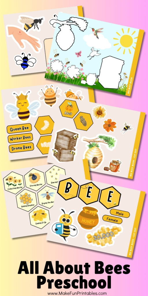 Bee-themed busy book pages with tracing, counting, and color sorting activities