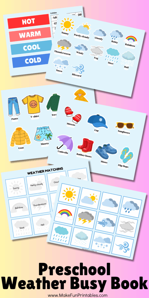 Printable weather vocabulary and scene-building activities for early learners.