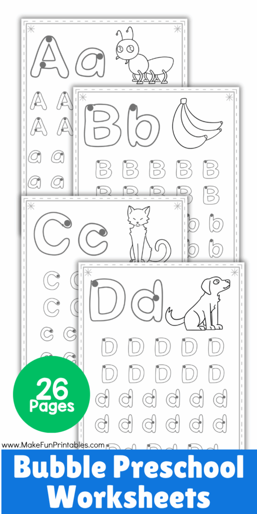 Bubble alphabet tracing pages for preschool and kindergarten handwriting practice.