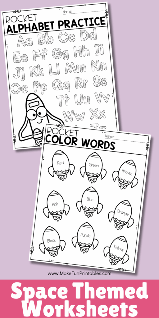 Printable space activity pack for preschoolers with alphabet tracing, number recognition, and fine motor practice.
