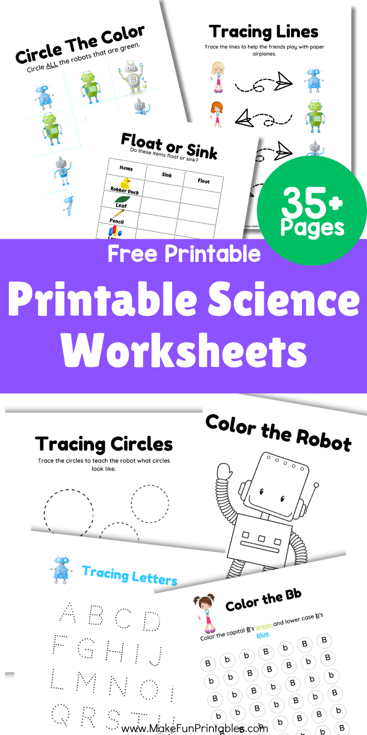 Printable science worksheets for preschool and kindergarten with life cycle and weather activities.