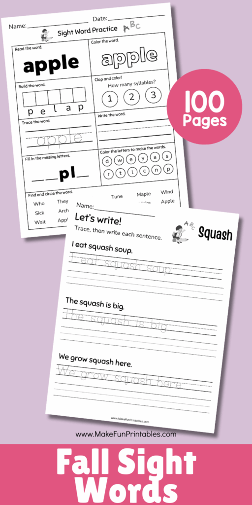 Printable fall sight words pack for preschoolers and kindergartners to build early literacy skills.