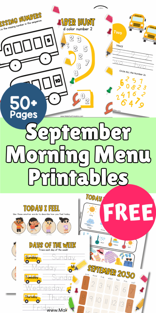 Printable September Morning Menu pack for preschoolers with fun fall-themed activities, tracing practice, and daily learning pages.