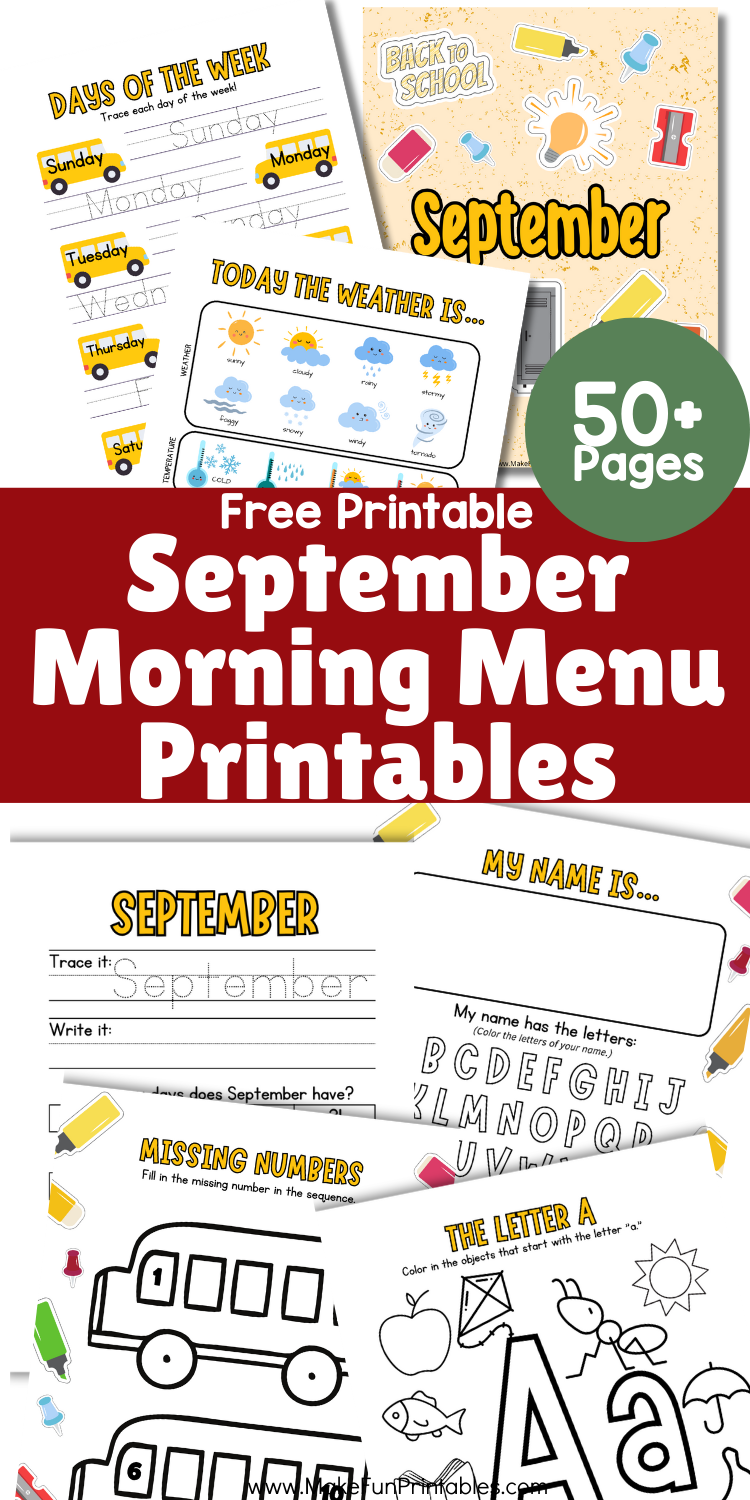 Preschool September Morning Menu printables with calendar, weather, and letter tracing worksheets for an easy daily routine.