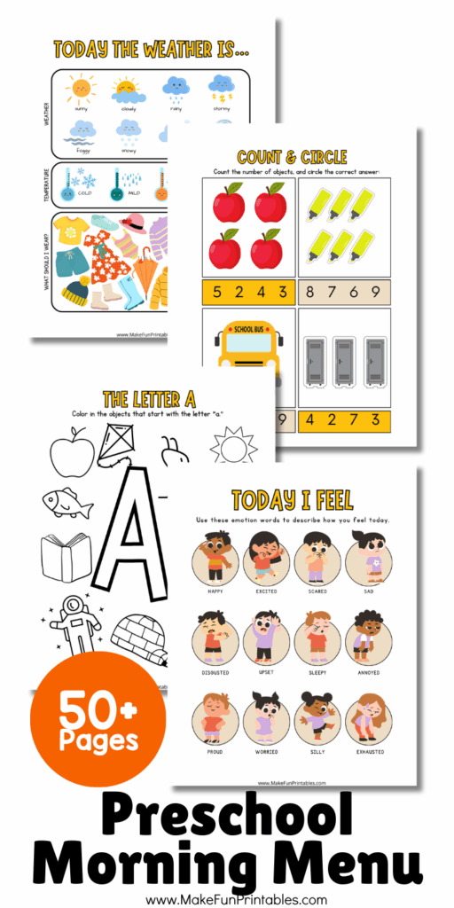 Kindergarten morning menu worksheets for September featuring number of the day, shapes, colors, and emotions check-in.