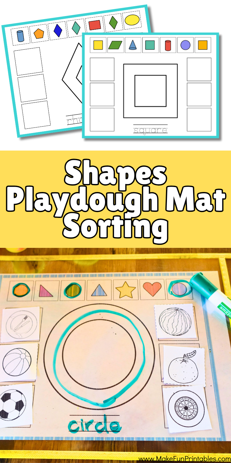 Free shape sorting worksheet with playdough mats for kids to learn circle, triangle, square, and more through hands-on play.