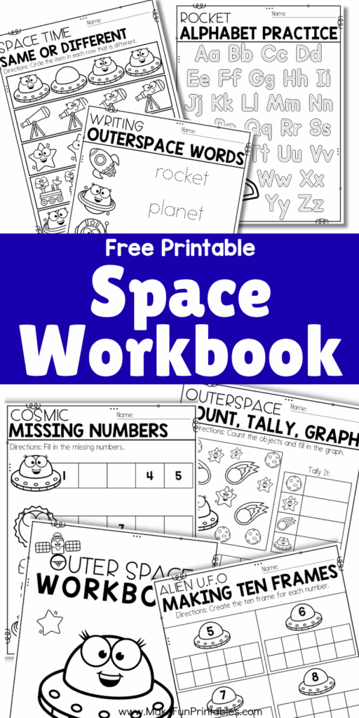 Free space workbook printable for preschool and kindergarten with tracing, counting, and coloring activities.