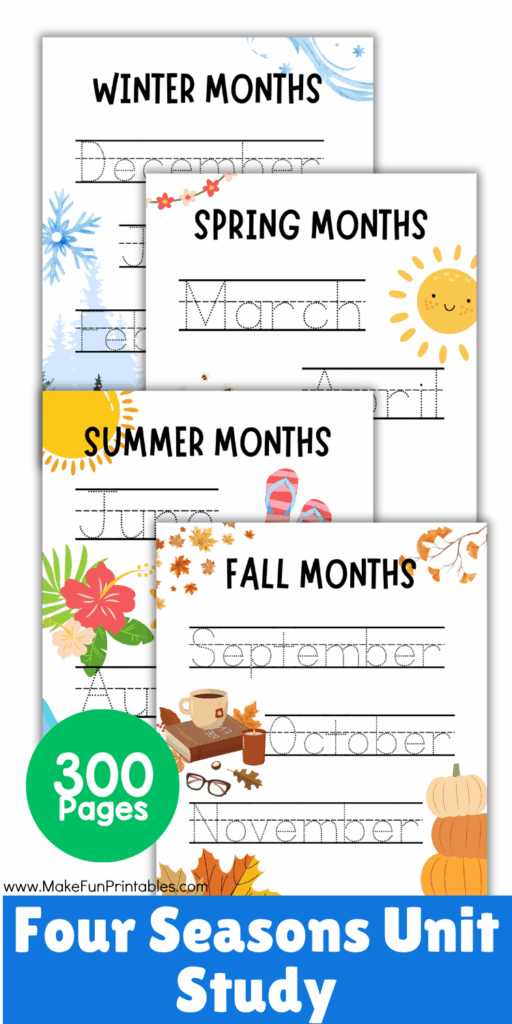 Printable educational pack teaching children about spring, summer, fall, and winter with fun facts, illustrations, and hands-on activity ideas.