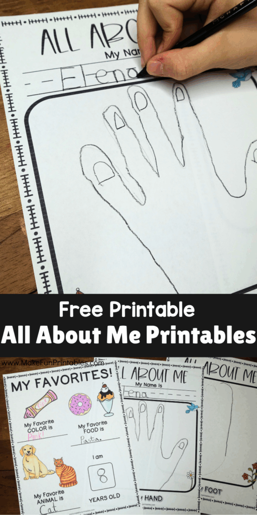 Preschool and kindergarten All About Me pages with hand tracing, foot tracing, and favorite things activities.