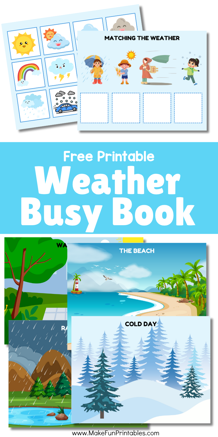 Weather Busy Book printable pack with matching, sorting, and seasonal clothing activities for preschool and kindergarten.