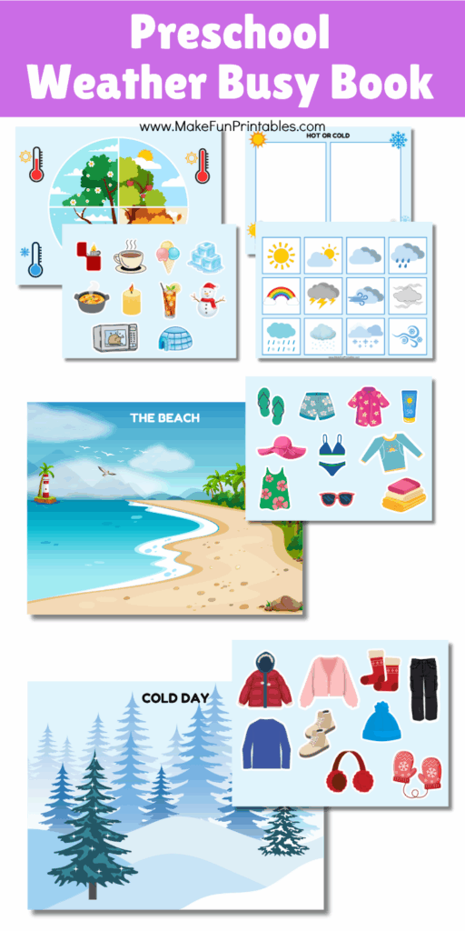 Interactive weather learning pages for kids with colorful cut-and-match pieces.