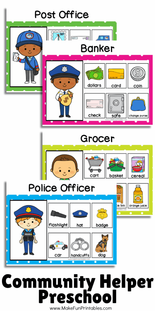 Community helper vocabulary cards showing jobs like firefighter, police officer, and construction worker with matching tools.