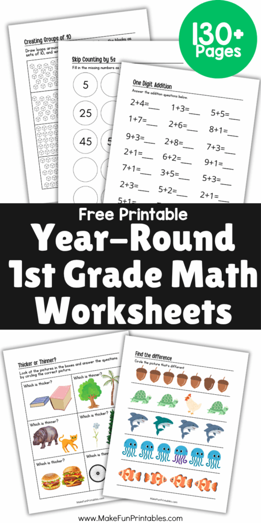 No-prep math worksheet pack for 1st grade featuring counting and subtraction activities