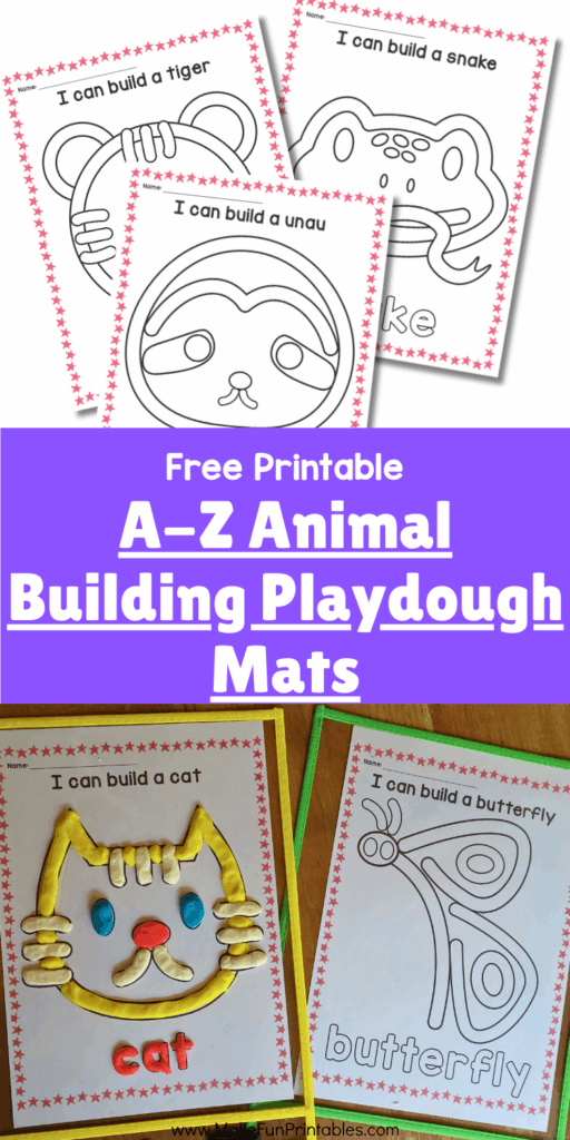 Preschool alphabet learning worksheet showing play dough letter activity and animal word tracing