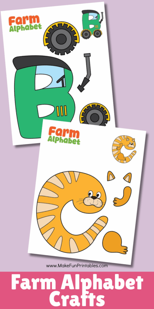 Free farm alphabet crafts printable with animal letters A–Z for preschool and kindergarten kids to cut, color, and glue.