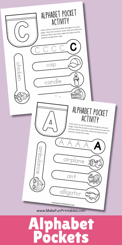 Alphabet pocket craft for kindergarten kids to sort trace words and keep picture strips organized