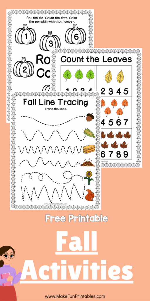 Fall printable pack featuring pumpkin ten frames leaf clip cards prewriting tracing and color by number activities.