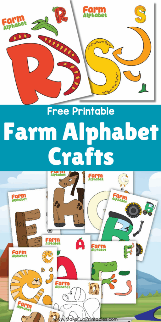 Printable farm alphabet crafts for preschoolers with both full-color and black-and-white versions for hands-on learning.