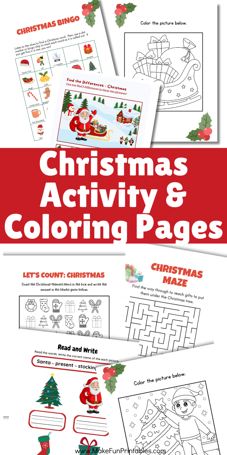 Free Christmas activity worksheet with tracing and coloring pages for preschool and kindergarten
