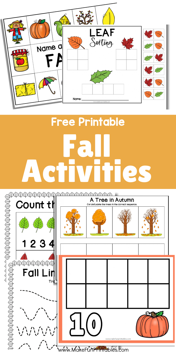 Preschool fall worksheets with sequencing tree activity roll and color pumpkins and match the ABC alphabet pages.