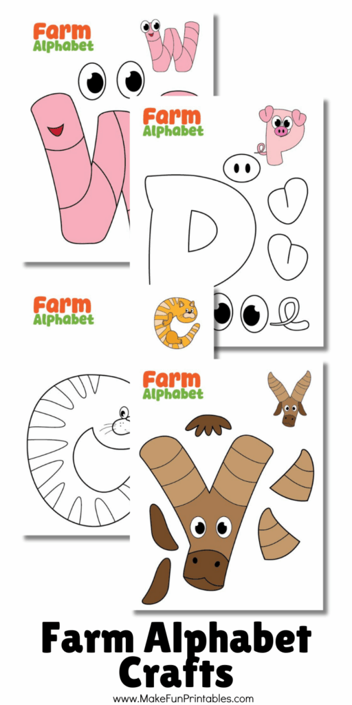 Farm-themed alphabet crafts showing uppercase letters turned into cute animals for Letter of the Week activities.