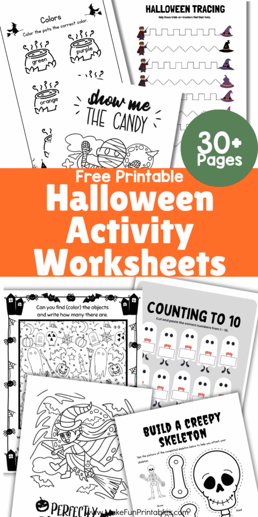 Free Halloween activity pack with printable worksheets for preschool and kindergarten including tracing coloring phonics and math practice.