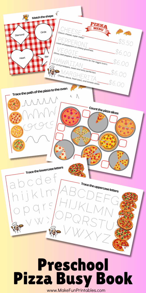 Preschool pizza busy book pages with tracing numbers coloring slices and fun fine motor practice.