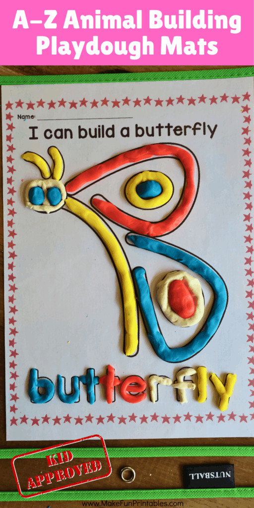 A to Z play dough mats for kids featuring letters and animals to build with playdough and trace words