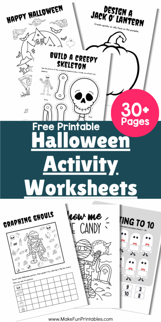 Halloween learning activities for kindergarten with tracing phonics coloring crafts and math worksheets in a free printable pack.
