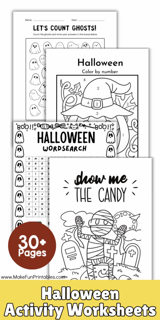 Printable Halloween worksheets pack for preschoolers with no prep literacy centers easy math worksheets and fine motor skill activities.