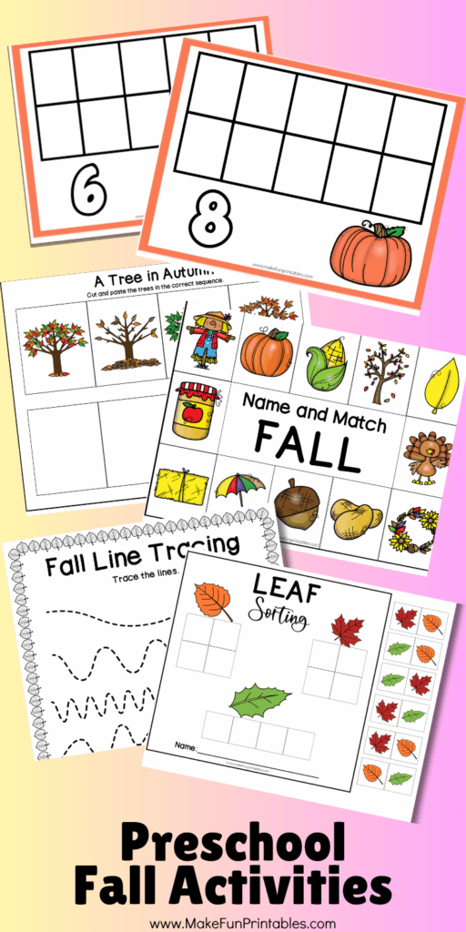 Free fall activities printable worksheets for preschool and kindergarten with leaf counting pumpkins and scarecrow labeling.