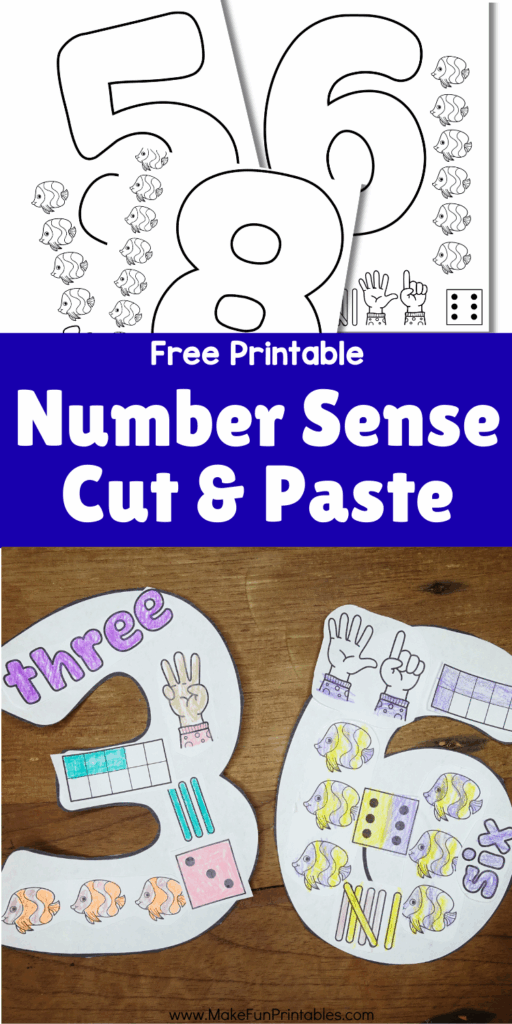 Fun preschool math activity with coloring, cutting, and pasting objects to build number collages.